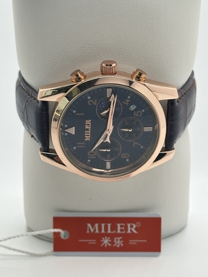 Three-Eyed Six-Needle Quartz Black Leather Wristwatch With Luminous Hands