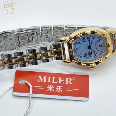 Luxury Quartz Wrist Watch for Women with Stainless Steel Strap Oval Case and Blue Dial
