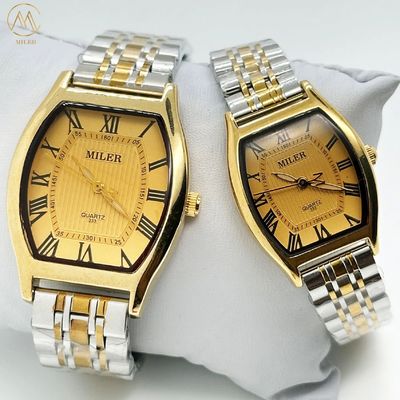 Business Style Golden Dial Oval Case Quartz Wrist Watch for Couple with Stainless Steel Strap
