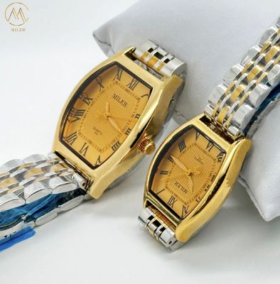Business Style Golden Dial Oval Case Quartz Wrist Watch for Couple with Stainless Steel Strap