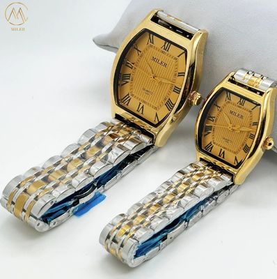 Business Style Golden Dial Oval Case Quartz Wrist Watch for Couple with Stainless Steel Strap