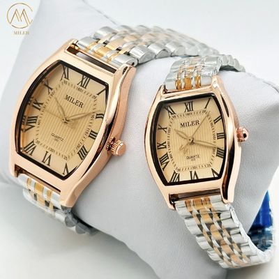 Business Style Golden Dial Oval Case Quartz Wrist Watch for Couple with Stainless Steel Strap