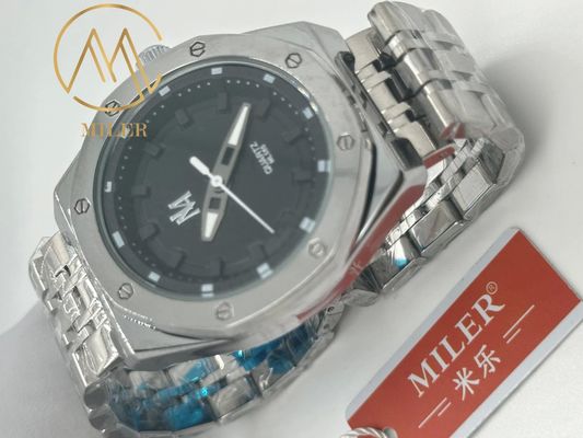 Custom Logo Stainless Steel Watch with Round Case Mineral Glass and Push-button Hidden Clasp for Men